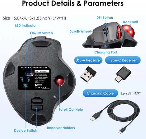 Vista 9 de SANWA Ratón de Trackball inalámbrico 2.4G, ratón óptico ergonómico, botones silenciosos programables, receptor USB-A y tipo C, control de pulgar, 4