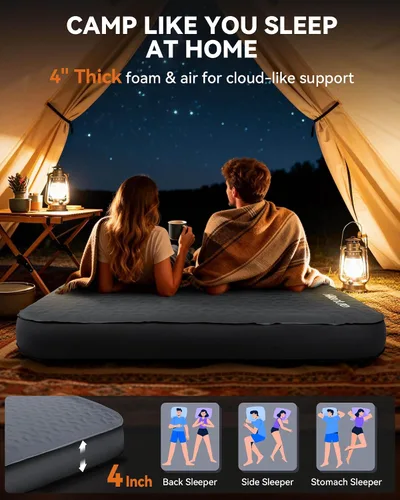 Vista 3 de Hikenture Colchoneta de dormir autoinflable de 4 pulgadas de grosor, colchón de espuma y aire para campamento, tapete de dormir aislado de valor R
