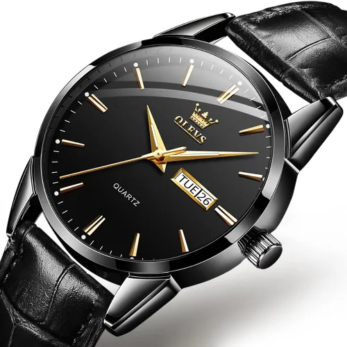 Vista 2 de OLEVS Reloj para hombres cronógrafo marrón cuero oro caso analógico cuarzo moda negocios vestido grande hombres reloj día fecha luminoso impermeable
