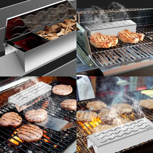 Vista 5 de Skyflame Caja de ahumador de acero inoxidable con lata, doble forma de V, astillas de madera para barbacoa, caja ahumada diseñada con ventilación