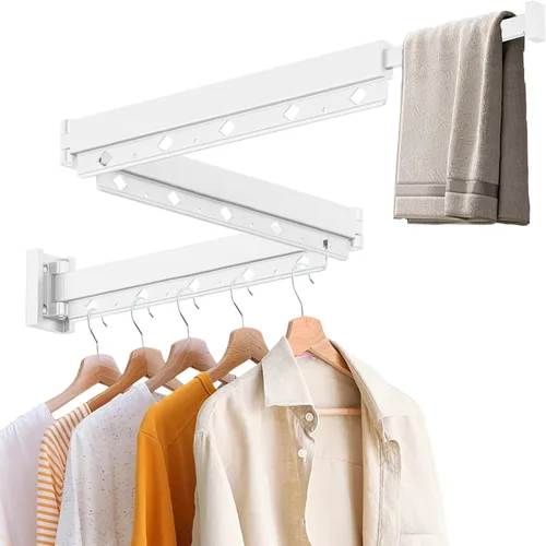 Vista 14 de Estante de Secado de Ropa, Tendedero de Ropa Retráctil y Plegable para Montaje en Pared para Interior, Estante de Colgar Ropa Ahorrador de Espacio