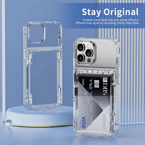 Vista 7 de ACANDYA Funda protectora transparente para iPhone 15 Pro Max con tarjetero de crédito, protección resistente, a prueba de golpes, antiarañazos