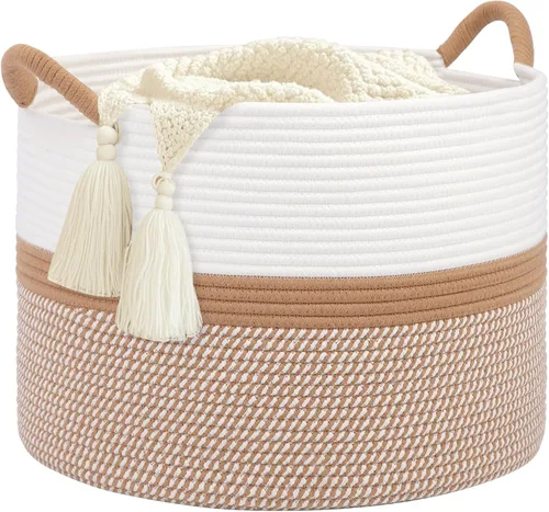 Vista 16 de Cesta de Lavandería Grande, Cesta de Ropa Sucia, Cesta de Almacenamiento de Cuerda de Algodón de 15''x18'' con Asas, cesta para bebé, Almacenamiento