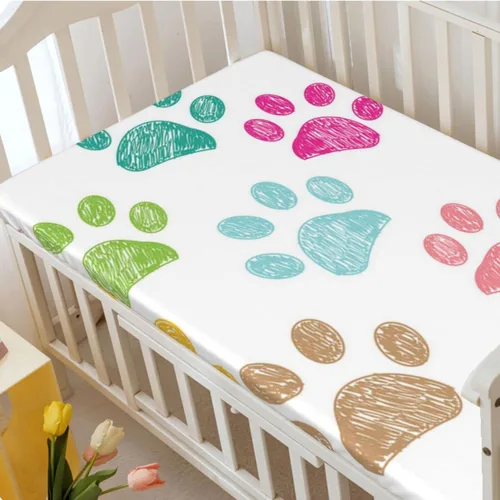 Vista 3 de Sábanas bajeras ajustables para cuna con temática de Dog Paws, sábanas portátiles para cuna, suaves y transpirables, sábanas para cuna de bebé