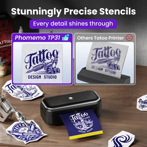 Vista 4 de Phomemo TP31 - Impresora de plantillas de tatuajes, mini fabricante de tatuajes temporales con 30 piezas de papel de transferencia, máquinas