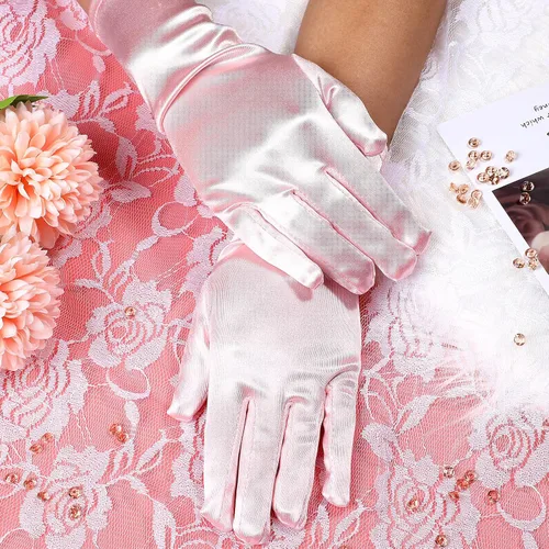 Vista 5 de 12 pares de guantes de princesa, guantes de satén, guantes largos de princesa, guantes largos de satén sedoso brillante para niñas de 3 a 8 años