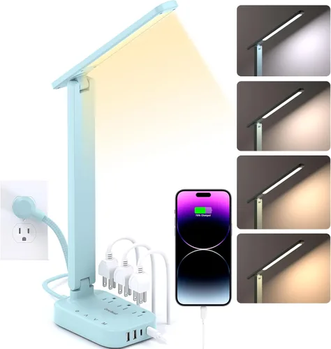 Vista 9 de One Beat Pequeña lámpara LED de escritorio, cable de extensión de 5 pies con 3 tomas, 4 puertos USB (2 USB C), 4 modos, lámpara táctil de 5 niveles