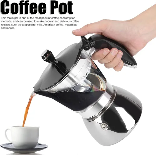 Vista 3 de Fdit Máquina clásica para estufa, 6 tazas de acero inoxidable, olla de café italiana octogonal para el hogar