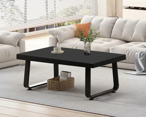 Vista 7 de HSH Mesa de café negra moderna, mesa de centro de madera rústica y metal, mesas de café sencillas de estilo granja para sala de estar, mesa de té