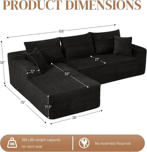 Vista 2 de Sofás seccionales sin hueso en forma de L de 108 pulgadas para sala de estar, moderno y cómodo sofá modular de pana comprimida de espuma