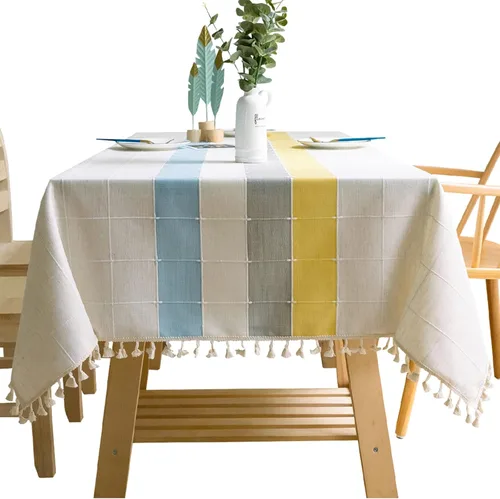 Vista 9 de Mantel rústico bordado con borla, lino de algodón sin arrugas, antidecoloración, lavable, a prueba de polvo, para comedor, cocina, fiesta, Azul