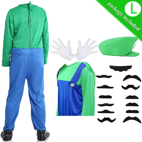Vista 3 de PUVKVE Disfraz de Super Brothers, disfraz de Halloween para adultos, niños, fontanero, cosplay, overoles con accesorio