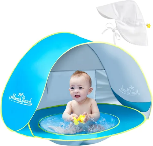Vista 9 de Monobeach Tienda de campaña de playa para bebés con piscina: tienda de campaña desplegable con estrellas marrones para niños pequeños, refugio