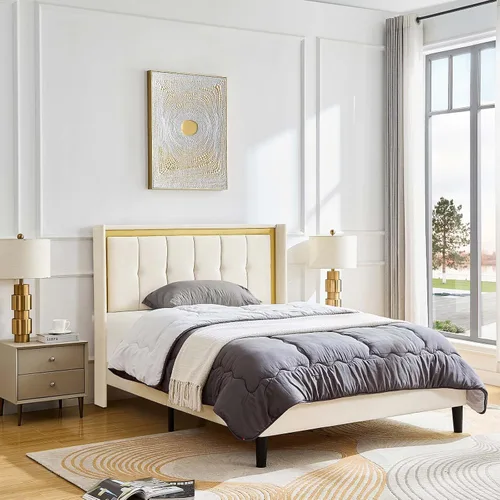 Vista 9 de Base de cama tapizada de tamaño matrimonial con cabecera de terciopelo moderna y soporte de listones de madera resistente, antideslizante, sin