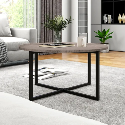 Vista 3 de HOMERECOMMEND - Mesa de centro redonda para sala de estar, color negro y gris Accent Center Table for Living Room Tea Desk with Black Metal Legs