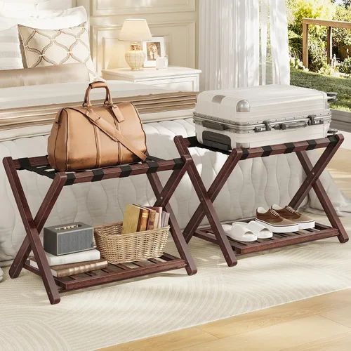 Vista 2 de HOOBRO Portaequipajes, soporte plegable para equipaje, soporte de maleta de bambú para habitación de invitados, con estante de soporte de correa