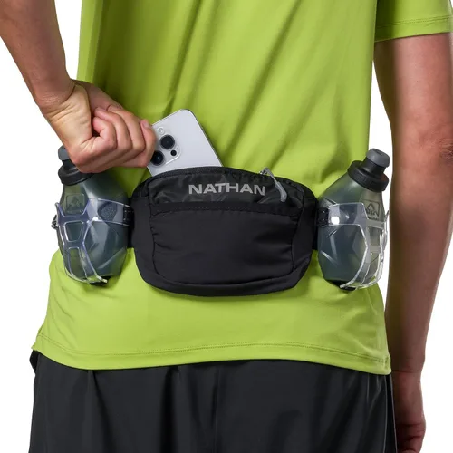 Vista 5 de Nathan Cinturón de hidratación con frascos, bolsillos de almacenamiento, Trail Mix Plus, cinturón para botella de agua para correr, aislado, Negro