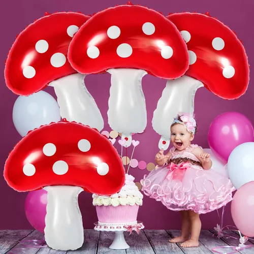 Vista 4 de 6 globos con forma de hongo, globos de Mylar de 31 pulgadas, bonitos globos de cumpleaños en forma de hongo para decoración de fiestas temáticas