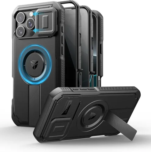 Vista 45 de Dexnor - Funda para iPhone 12 & iPhone 12 Pro con tapa deslizante para cámara, soporte ajustable y protector de pantalla integrado, carcasa