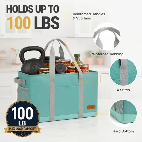 Vista 8 de WONDAY Portador de Bolsa de Compras Reutilizable Extra Grande de Pie con Asa, Treinta y Una Bolsa Utilitaria Plegable para Compras y Playa Verde