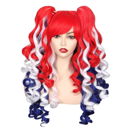 Vista 29 de ColorGround Peluca larga y rizada para cosplay con 2 colas de caballo (azul celeste)