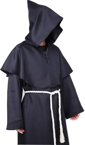 Vista 4 de Disfraz de sacerdote para hombre adulto, disfraces de Halloween para hombres, disfraz de monje con capucha y capa de fraile