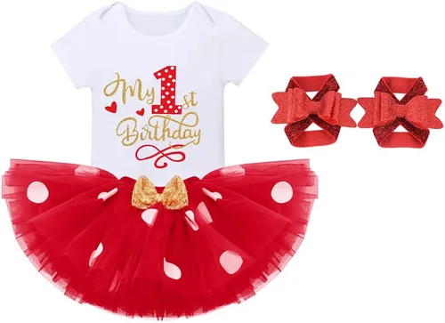 Vista 2 de IBTOM CASTLE Vestido de 1er cumpleaños para niñas con diseño de pastel y falda tutú de lunares, sandalias descalzas para fotografía