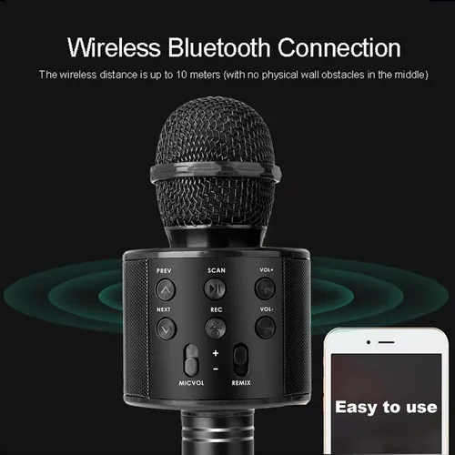 Vista 5 de Micrófono de karaoke inalámbrico Bluetooth Altavoz portátil de micrófono de mano 3 en 1 para todos los teléfonos inteligentes Regalos Negro