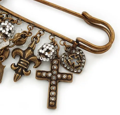 Vista 5 de Broche de seguridad con dije de cruces, corazones y calaveras en metal con acabado de bronce -, Latón, Sin gemas.