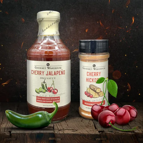 Vista 3 de Gourmet Warehouse Salsa BBQ Cherry Jalapeño y condimento para barbacoa de nogal, hecho a mano en lotes pequeños, sin gluten, sin MSG 16 onzas / 4