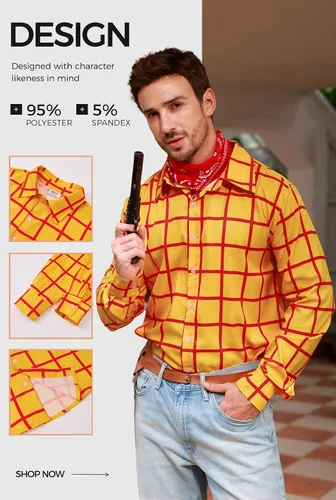 Vista 6 de Arvilhill Camisa Woody para hombre, camisa de vaquero a cuadros con botones, chaleco con estampado de vaca de Halloween, disfraz de Woody