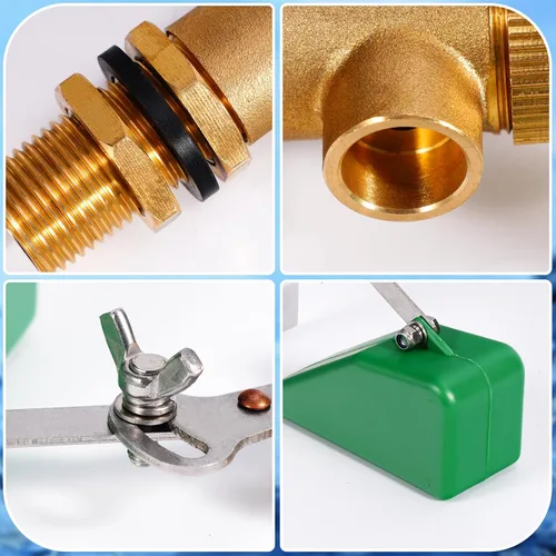 Vista 7 de Válvula de flotador de 1/2 pulgada, válvula de flotador de llenado automático para piscina, verde Adjuatable Arm, Brass Valve & Plastic Float