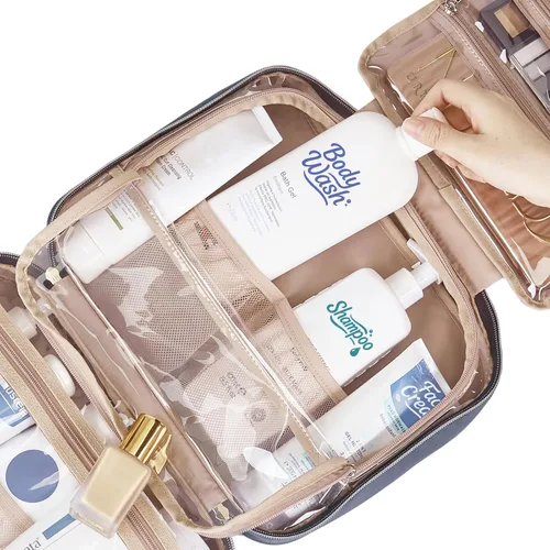 Vista 5 de NISHEL Neceser de viaje para mujer, organizador colgante y portátil para champú de tamaño completo, acondicionador, juego de cepillos y accesorios