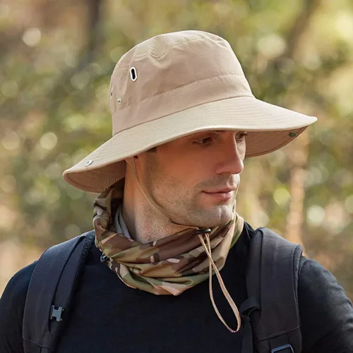Vista 3 de Sombrero de cola de caballo para hombre, sombrero de ala ancha, protector solar al aire libre, plegable, sombrero de pesca de verano Beige