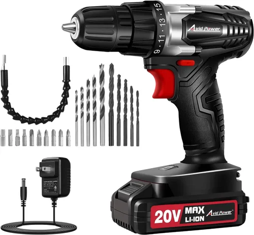 Vista 9 de AVID POWER Juego de taladro inalámbrico de litio de 20 V Max, kit de taladro eléctrico con batería y cargador, portabrocas sin llave de 3/8