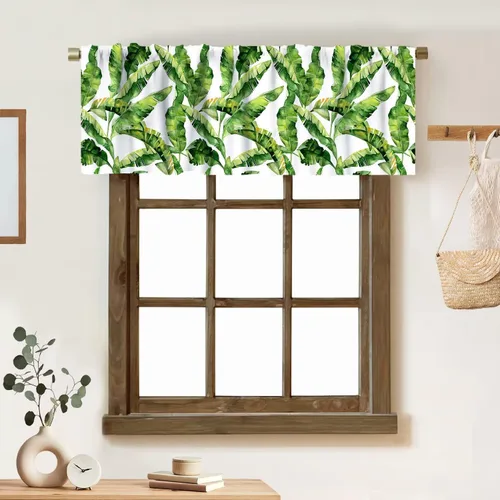 Vista 20 de Cortina de cenefa de hojas verdes tropicales, diseño de hojas de palmera, cenefa con bolsillo para barra, 1 panel, cortinas cortas para cocina