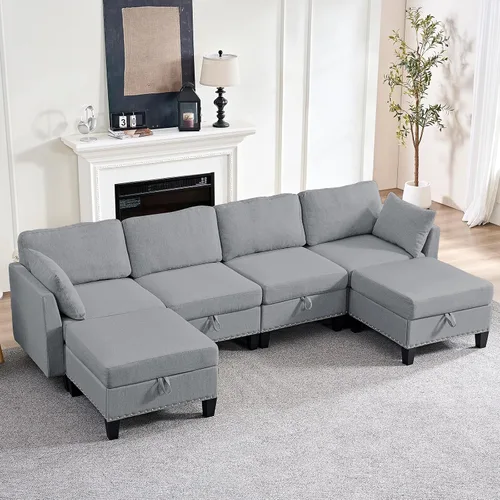 Vista 2 de ijuicy Sofá modular convertible de 110 pulgadas con asientos de almacenamiento y 2 otomanas móviles, sofá modular en forma de U de 6 asientos