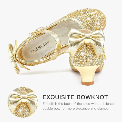Vista 3 de Dufannie Zapatos de vestir para niñas, zapatos de tacón bajo de princesa, zapatos planos con purpurina para bodas y fiestas