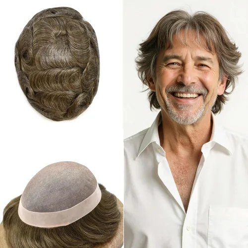 Vista 103 de Mens Toupee Hair Piece Real Human Hair Fine Mono Toupee para hombres Sistema de reemplazo de cabello para hombre Postizo Protesis Capilar Para