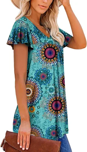 Vista 3 de ROSELINLIN Blusa de verano de manga corta con volantes y cuello en V para mujer