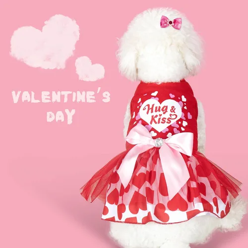 Vista 4 de cyeollo - Vestido de San Valentín para perro, traje de tul con estampado de corazón, con clip de lazo, talla XS Soft Breathable Fabric