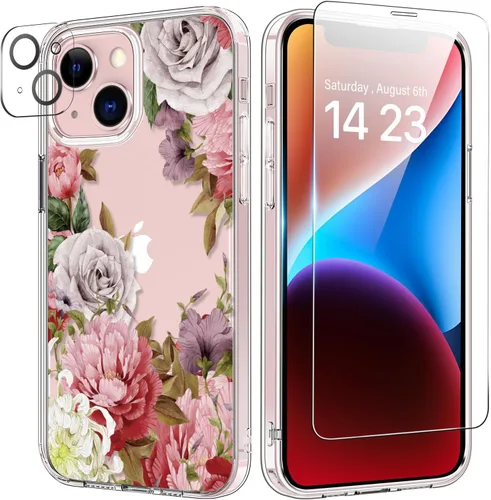 Vista 41 de bicol Funda para iPhone 14 Plus con Protector de Pantalla y Lente de Cámara - Diseños Florales de Moda para Mujeres y Niñas - Funda Transparente