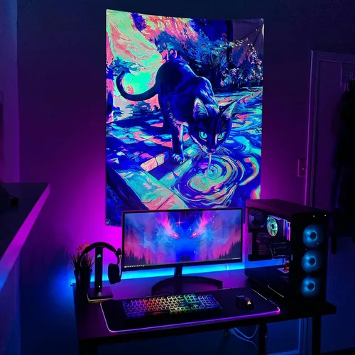 Vista 2 de Spenlife Blacklight - Fantástico tapiz de gato negro, tapiz de pared de gato reactivo que brilla con rayos UV para decoración de habitación, tapiz