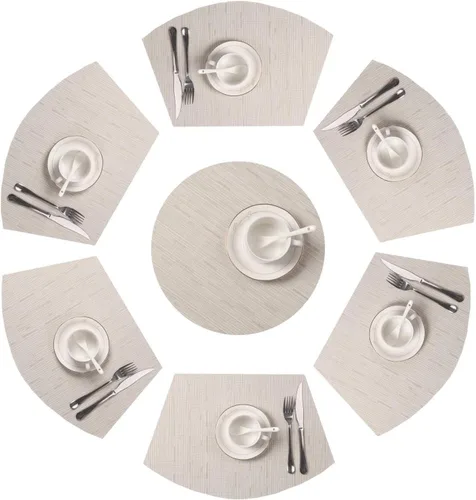 Vista 24 de SHACOS Juego de 5 manteles individuales pequeños en forma de cuña con centro de mesa, resistentes al calor, lavables (5, beige)