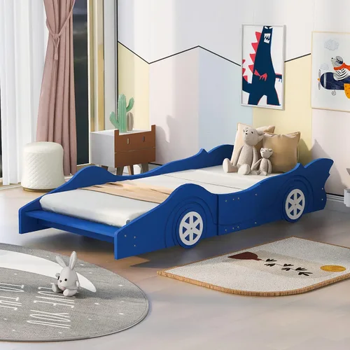 Vista 11 de anwickjeff Cama de plataforma en forma de auto de carreras con ruedas, cama de plataforma de madera tamaño individual con barandilla, cama