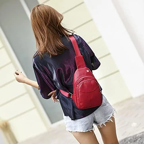 Vista 2 de Bolso cruzado pequeño, riñonera para mujeres y hombres, bolso bandolera de cuero para regalos, rojo (Style3-red), S
