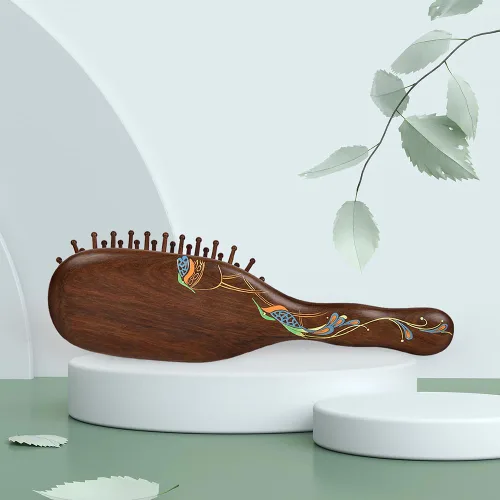 Vista 5 de TAN MUJIANG Cepillo de pelo de madera para mujer, masaje de cuero cabelludo, antiestático, pavo real, 1 unidad