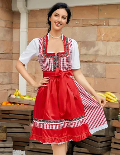 Vista 2 de KOJOOIN Women's Oktoberfest Dress 3 Pieces German Dirndl Dress Costumes for Bavarian Carnival Halloween-Big red