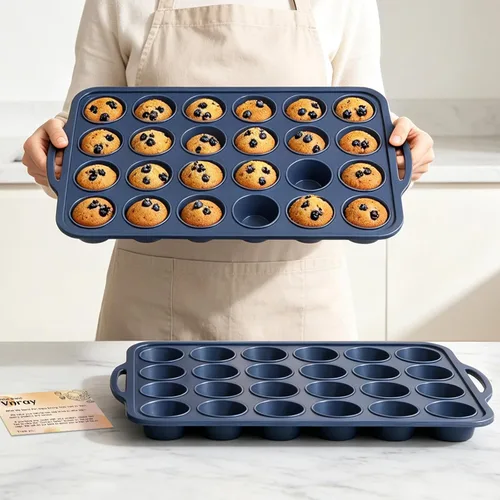 Vista 11 de Mini Molde de Silicona para Muffins con Marco de Metal, Molde de Silicona Antiadherente para Cupcakes con Asas de 24 Tazas, Bandeja de Molde