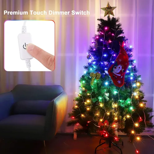 Vista 5 de CoziTech - Cadena de luces de hadas arcoíris con interruptor regulador táctil, luces de carámbano LED colgantes arcoíris para dormitorio de niñas